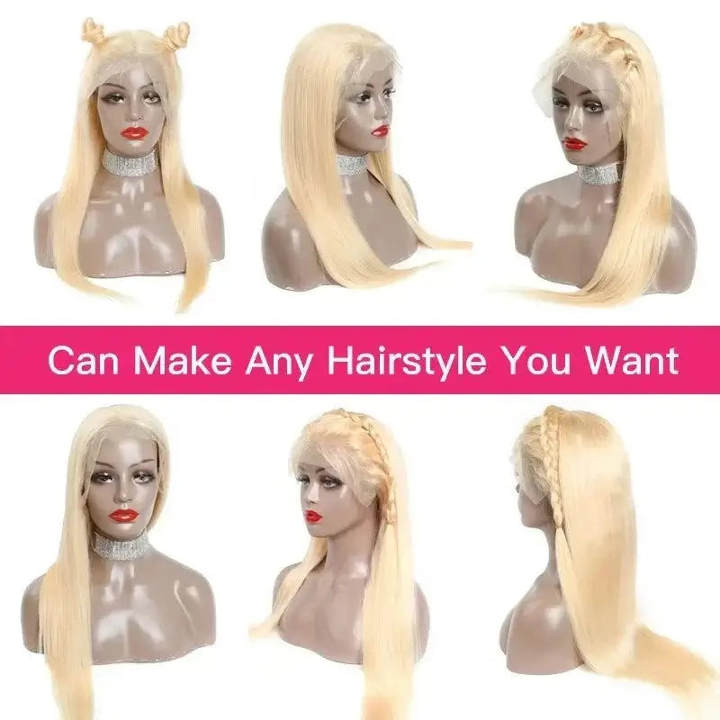 Honey Blonde 13x4 Lace Front Human Hair Wig showcasing various hairstyles and versatile options.