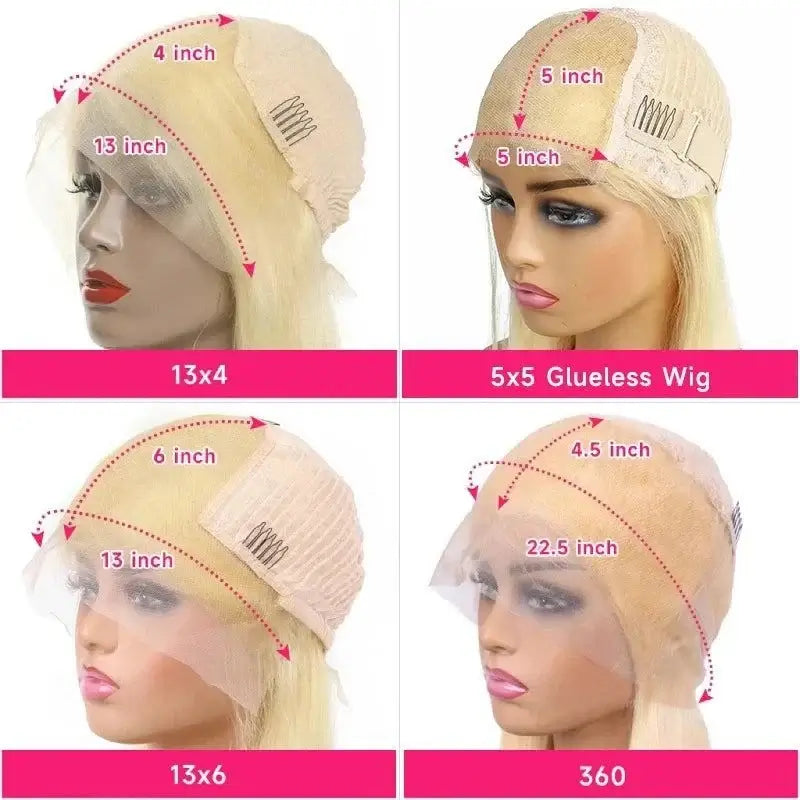 Honey Blonde 13x4 Lace Front Human Hair Wig showing different lace wig measurements and styles.