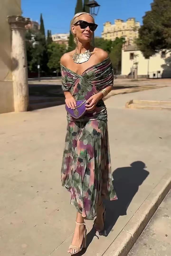 Chiffon Short - sleeved Summer V - neck Long Dress - Tucan Trading