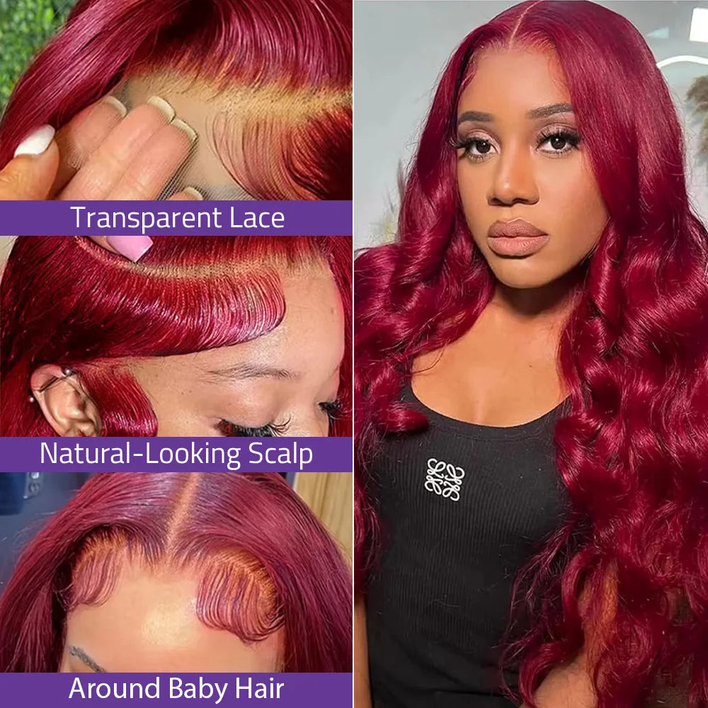 13x6 HD Lace Frontal 220% Density 99J Burgundy Human Hair Wig