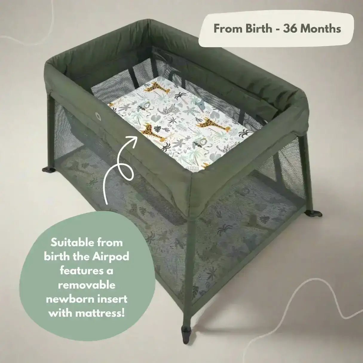 Airpod 3 Travel Cot Includes Newborn Bassinet Insert - Green - Tucan Trading