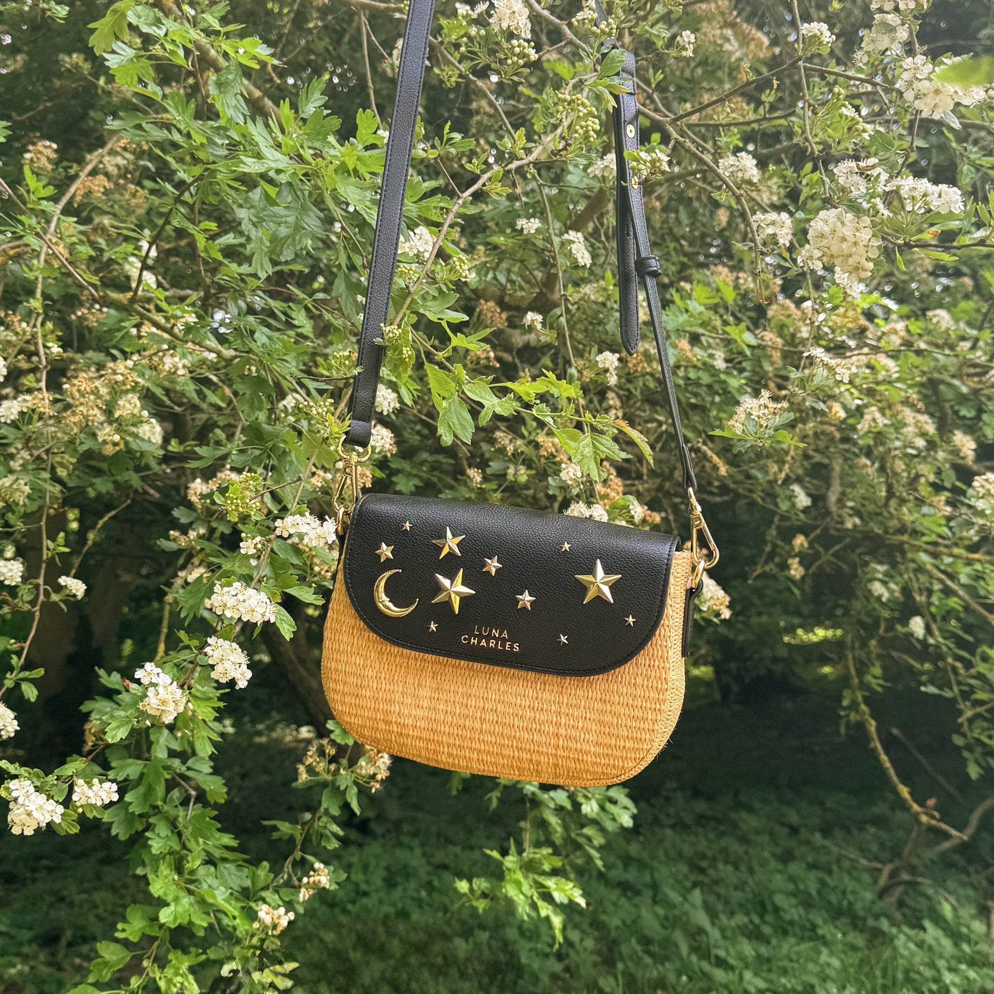 Elena Star Studded Rattan Handbag - Black & Gold - Tucan Trading