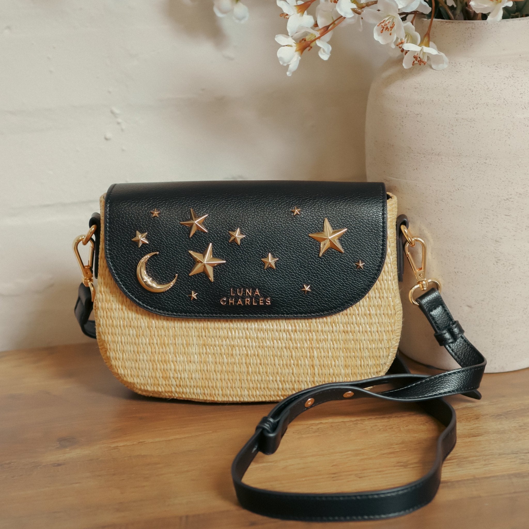 Elena Star Studded Rattan Handbag - Black & Gold - Tucan Trading