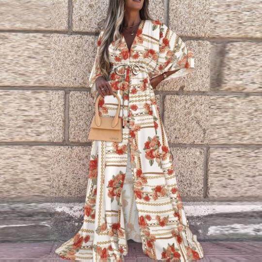 Women’s V - Neck Short Sleeve Printed Maxi Dress | Long Floral Dress - Tucan Trading