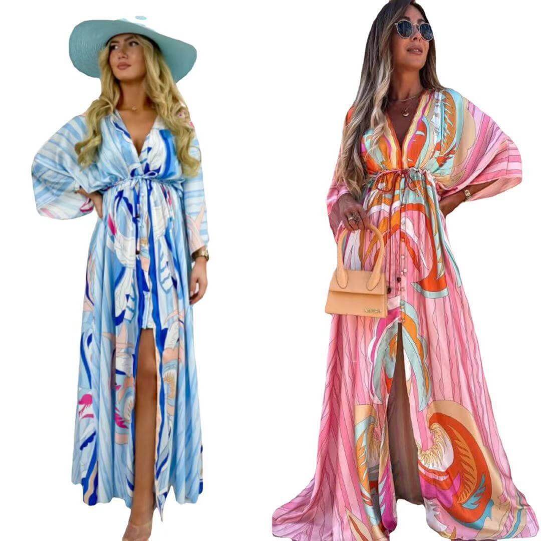 Women’s V - Neck Short Sleeve Printed Maxi Dress | Long Floral Dress - Tucan Trading