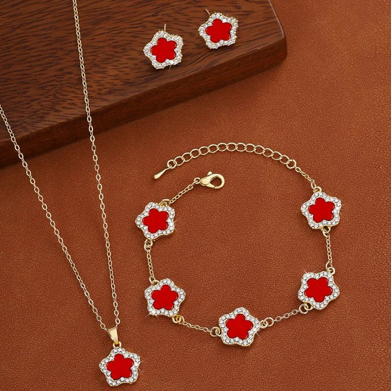 3Pcs Luxury Five Leaf Flower Pendant Necklace &amp; Earrings - Tucan Trading