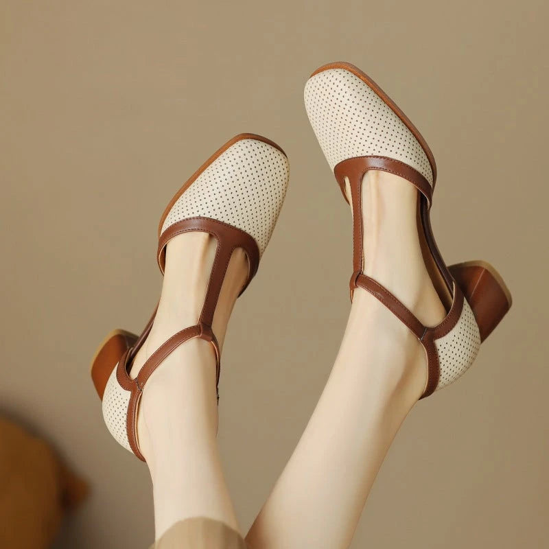 Womens Leather Mule Sandals With Color-block Design, Tstrap Buckle And Breathable Perforations