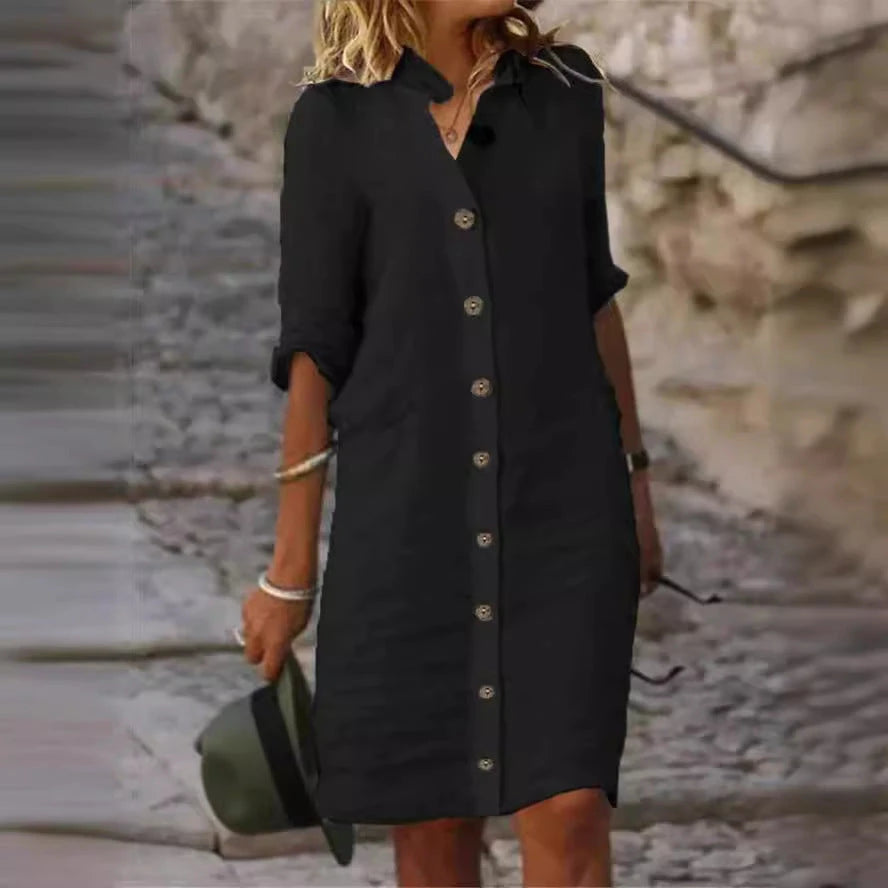 Half-sleeved Shirt Dress Summer V-neck Single-breasted Button Dresses Women&