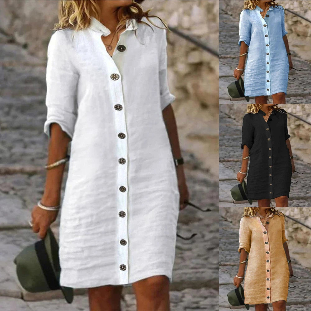 Half-sleeved Shirt Dress Summer V-neck Single-breasted Button Dresses Women&