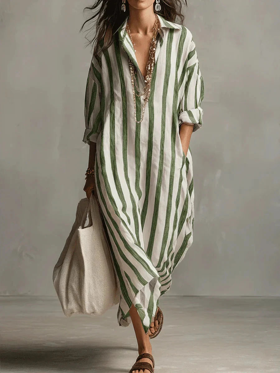 Striped Print Dress Summer Split Collar Short Sleeve Long Dresses Fashion Women&