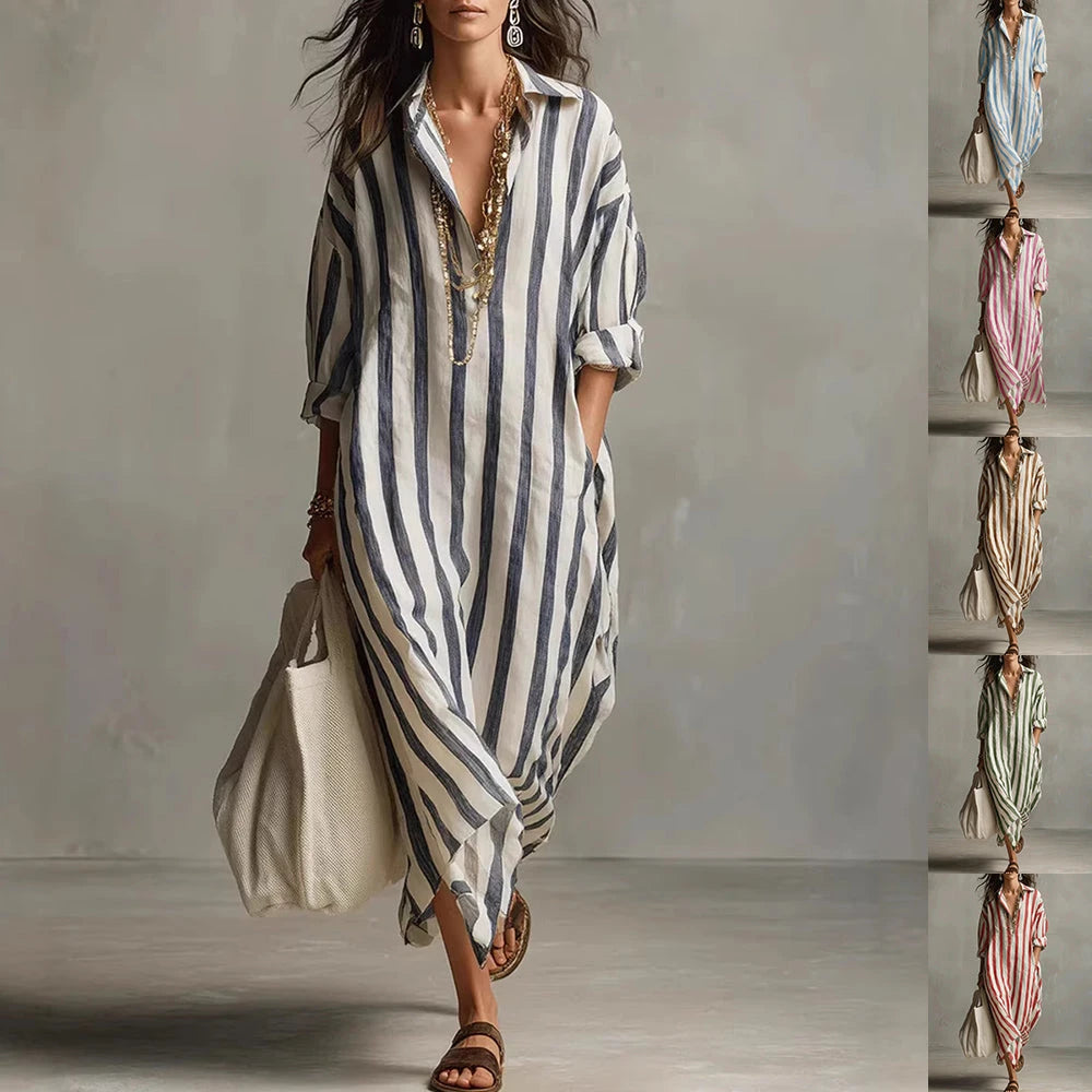 Striped Print Dress Summer Split Collar Short Sleeve Long Dresses Fashion Women&