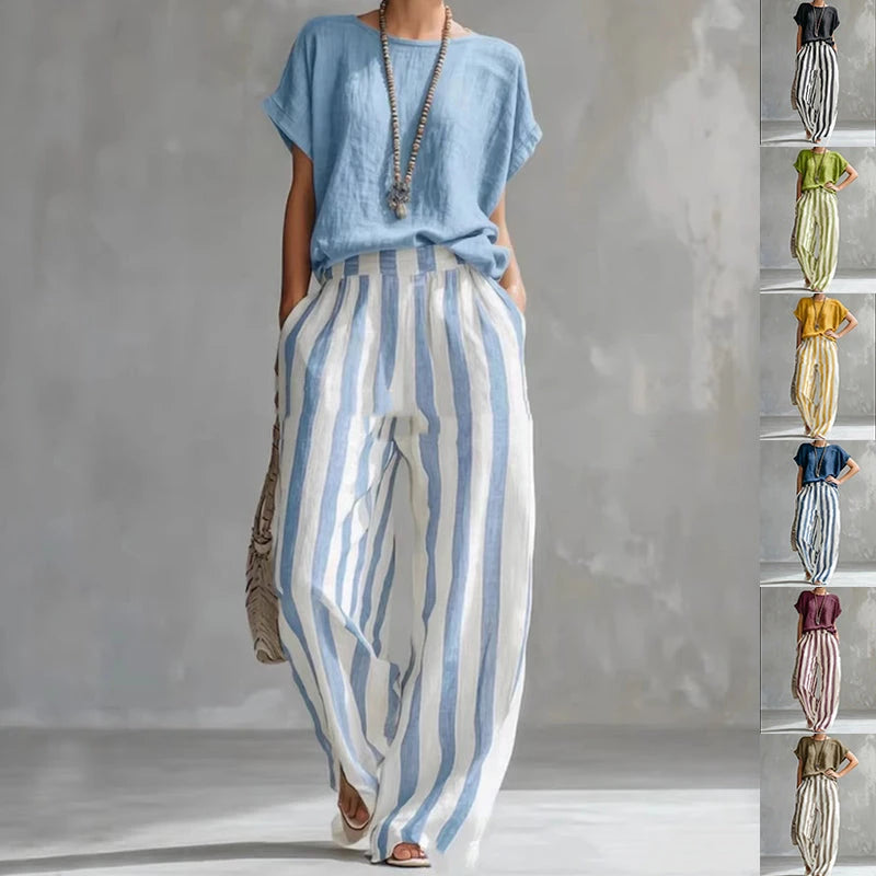 Short-sleeved Round Neck Pullover T-Shirt And Striped Print Straight Leg Pants
