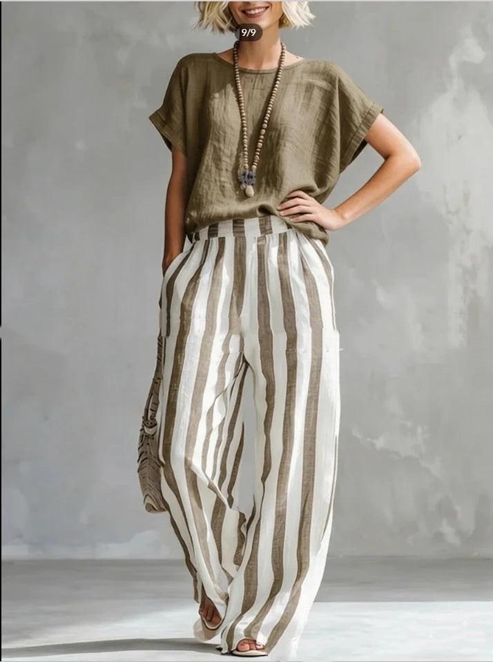 Short-sleeved Round Neck Pullover T-Shirt And Striped Print Straight Leg Pants