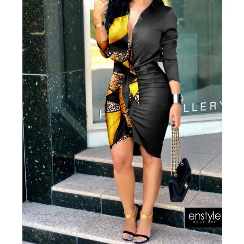 Elegant V-neck Printed Long Sleeve Shirt Dress