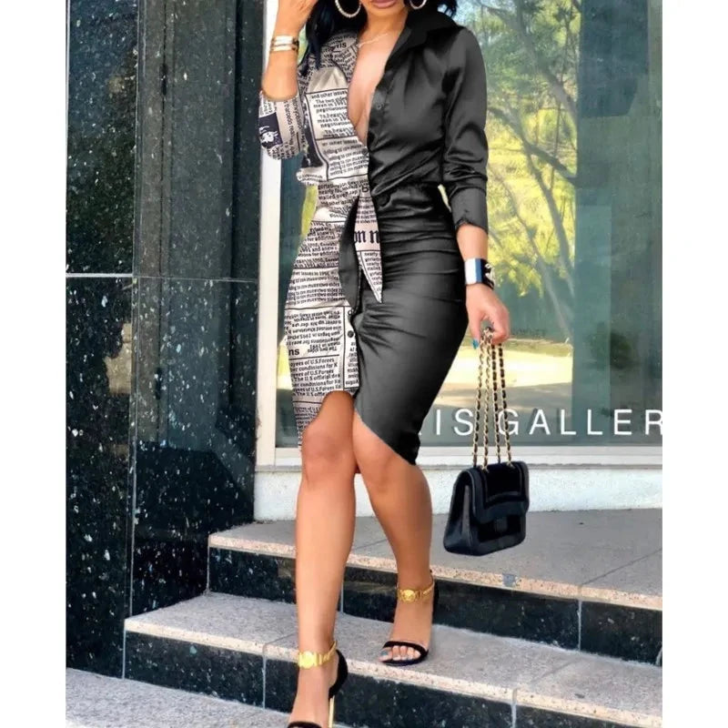 Elegant V-neck Printed Long Sleeve Shirt Dress