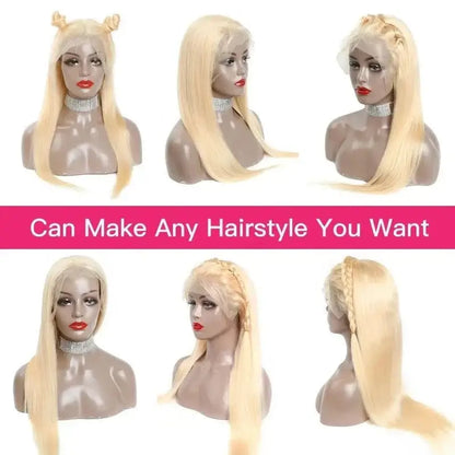 Honey Blonde 13x4 Lace Front Human Hair Wig showcasing various hairstyles and versatile options.