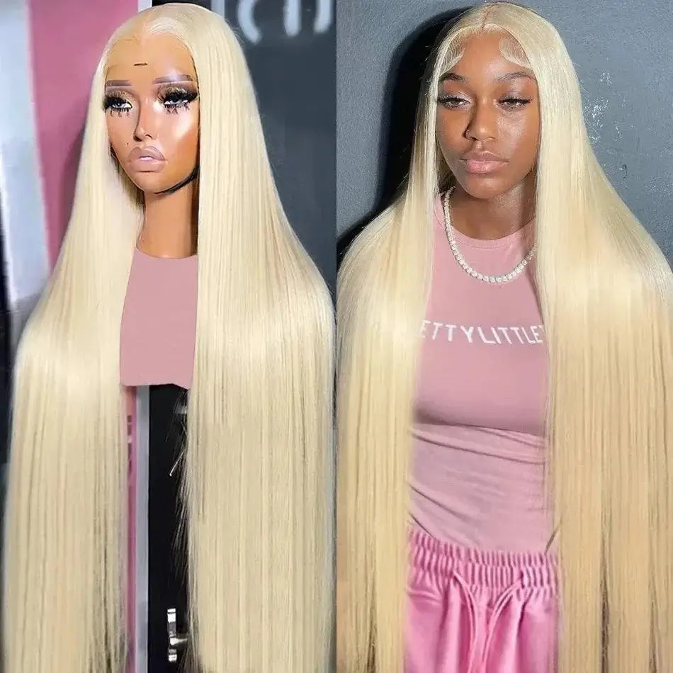 Honey Blonde 13x4 Lace Front Human Hair Wig displayed on a mannequin and worn by a model, featuring long, straight hair.