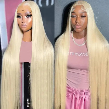 Honey Blonde 13x4 Lace Front Human Hair Wig displayed on a mannequin and worn by a model, featuring long, straight hair.