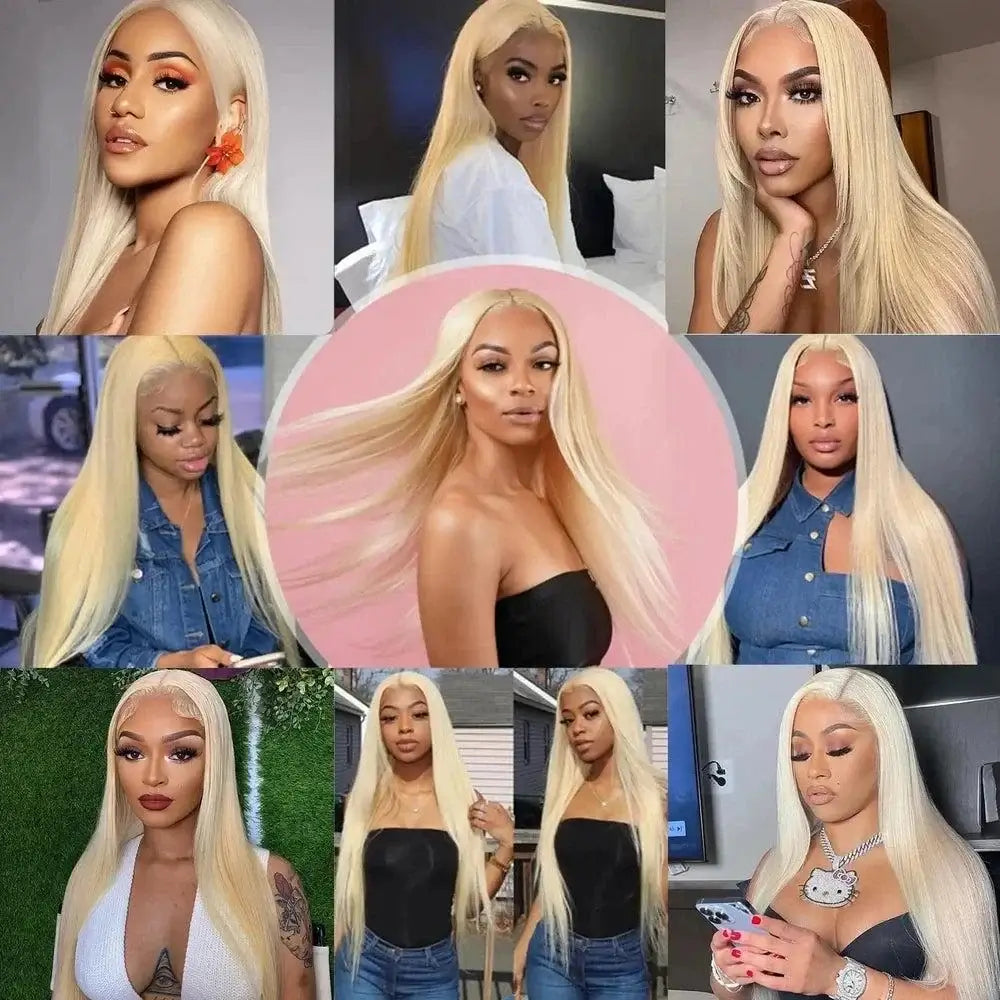 Honey Blonde 13x4 Lace Front Human Hair Wig showcased in various stylish looks and hairstyles.