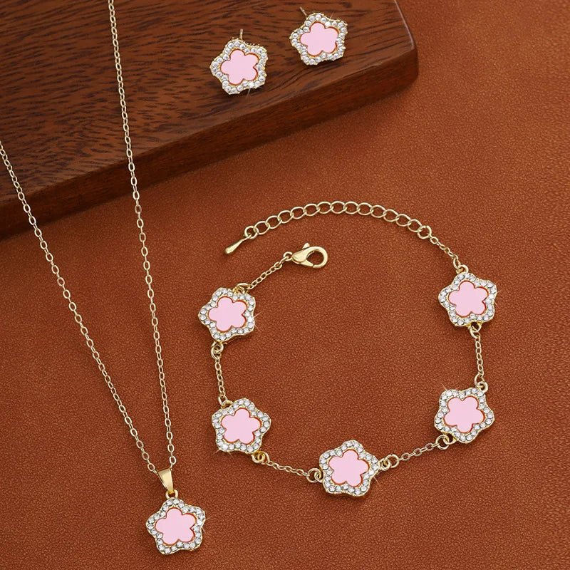 3Pcs Luxury Five Leaf Flower Pendant Necklace &amp; Earrings - Tucan Trading