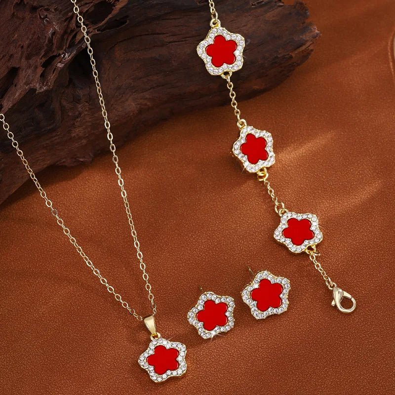 3Pcs Luxury Five Leaf Flower Pendant Necklace &amp; Earrings - Tucan Trading