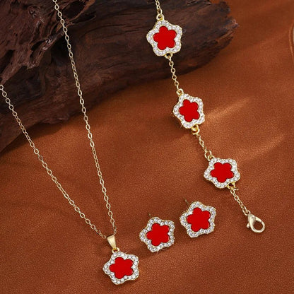 3Pcs Luxury Five Leaf Flower Pendant Necklace &amp; Earrings - Tucan Trading
