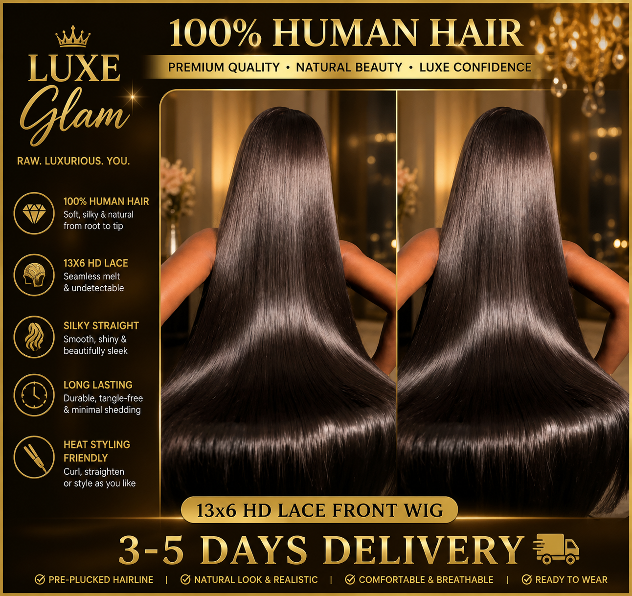 40 Inch Bone Straight Lace Frontal Human Hair Wig