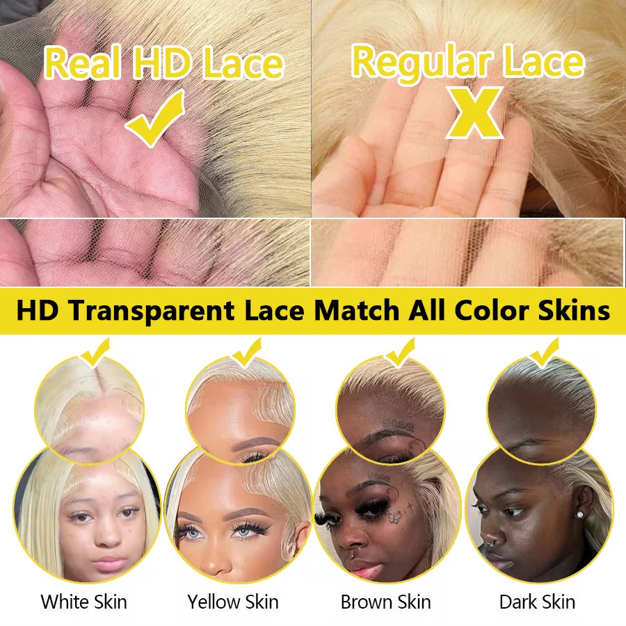 200% 613 Honey Blonde 13x6 HD Transparent Lace Front Human Hair Wig