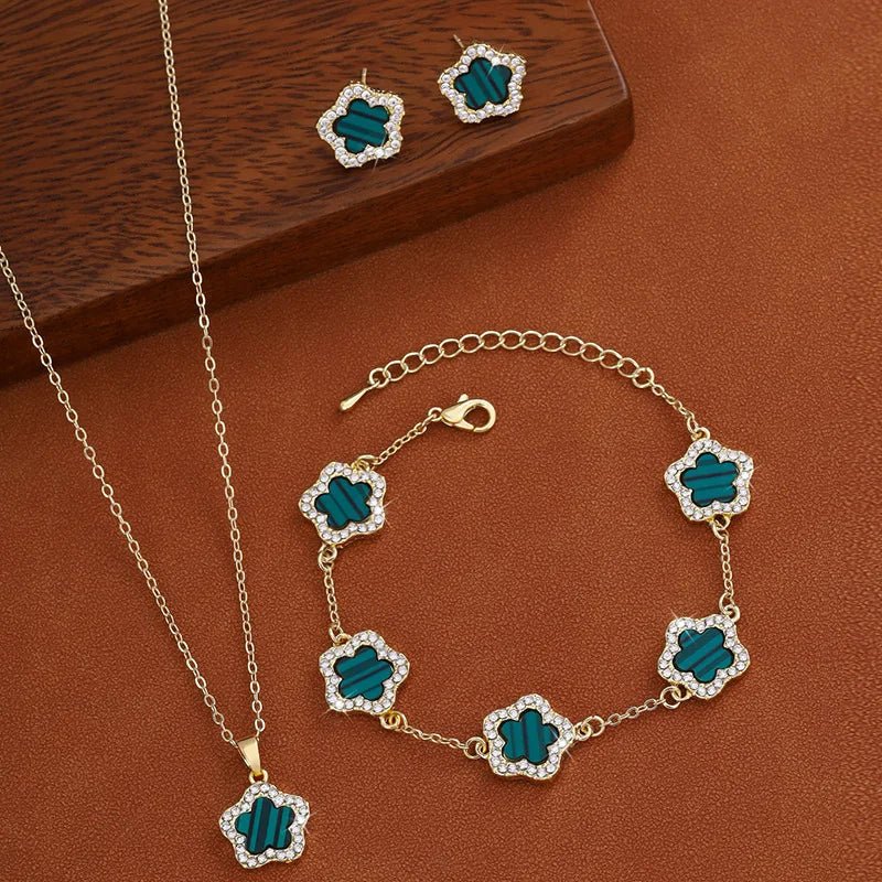 3Pcs Luxury Five Leaf Flower Pendant Necklace &amp; Earrings - Tucan Trading