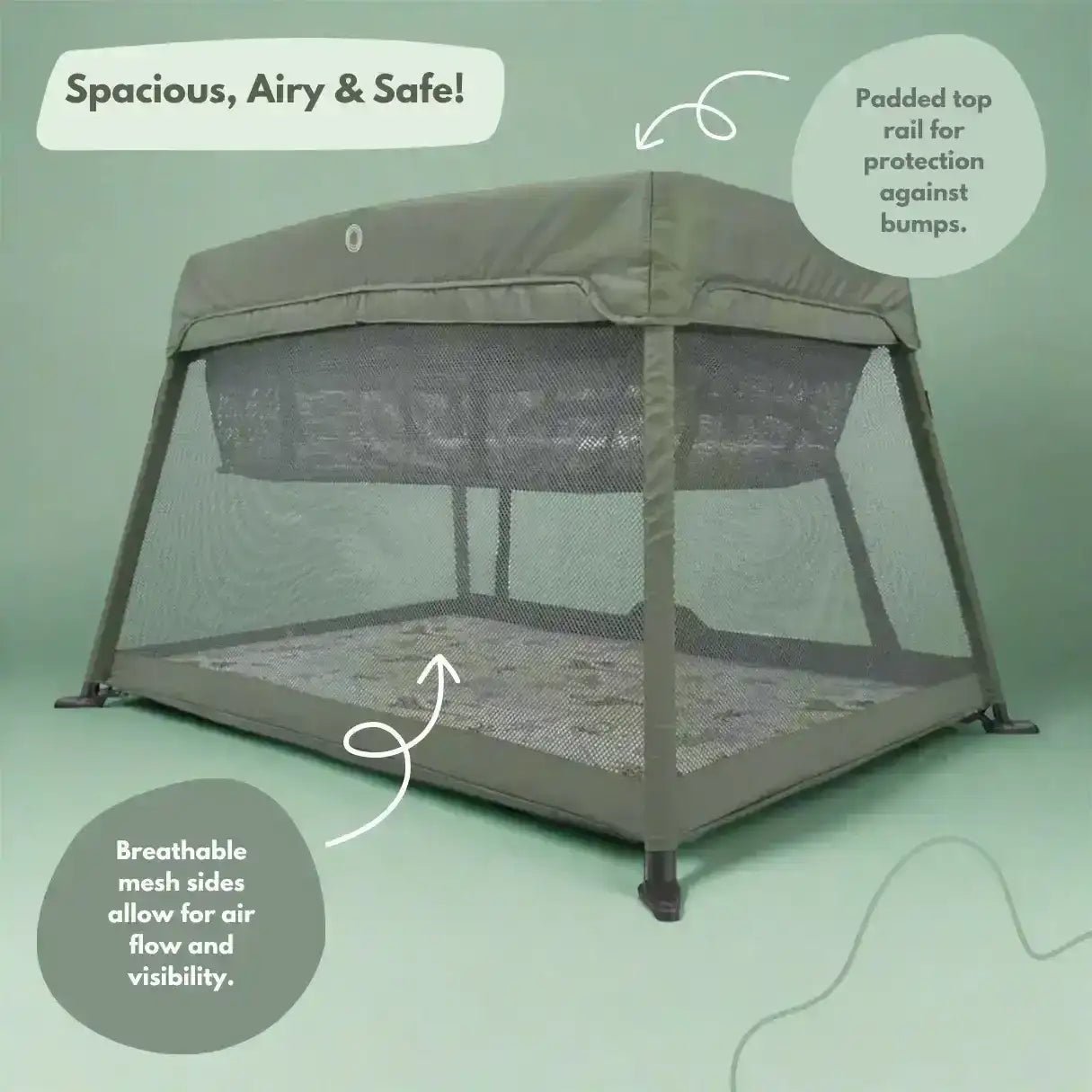 Airpod 3 Travel Cot Includes Newborn Bassinet Insert - Green - Tucan Trading