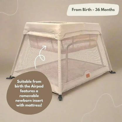 Airpod 3 Travel Cot Includes Newborn Bassinet Insert - Beige - Tucan Trading