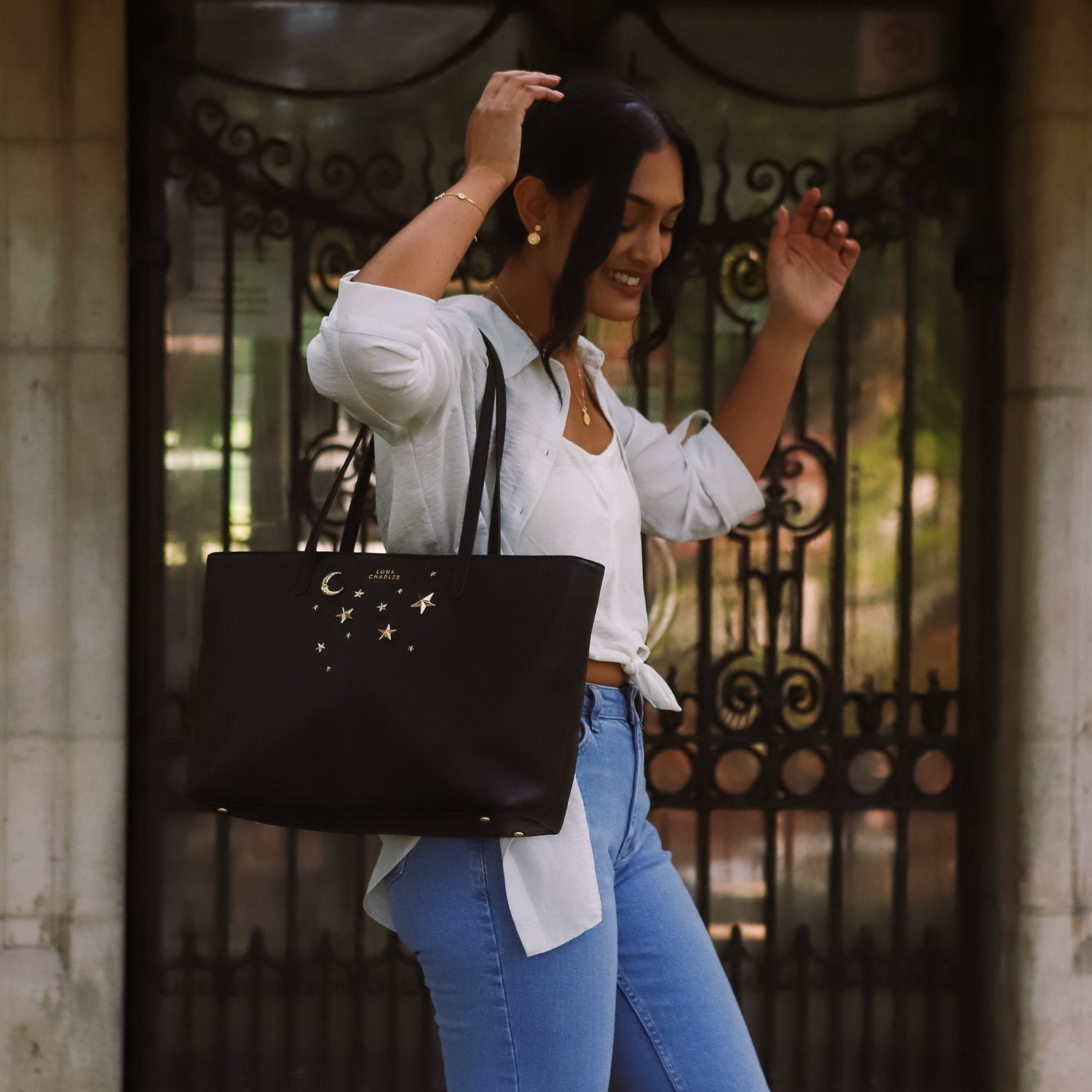 Anya Star Studded Tote Bag - Black &amp; Gold