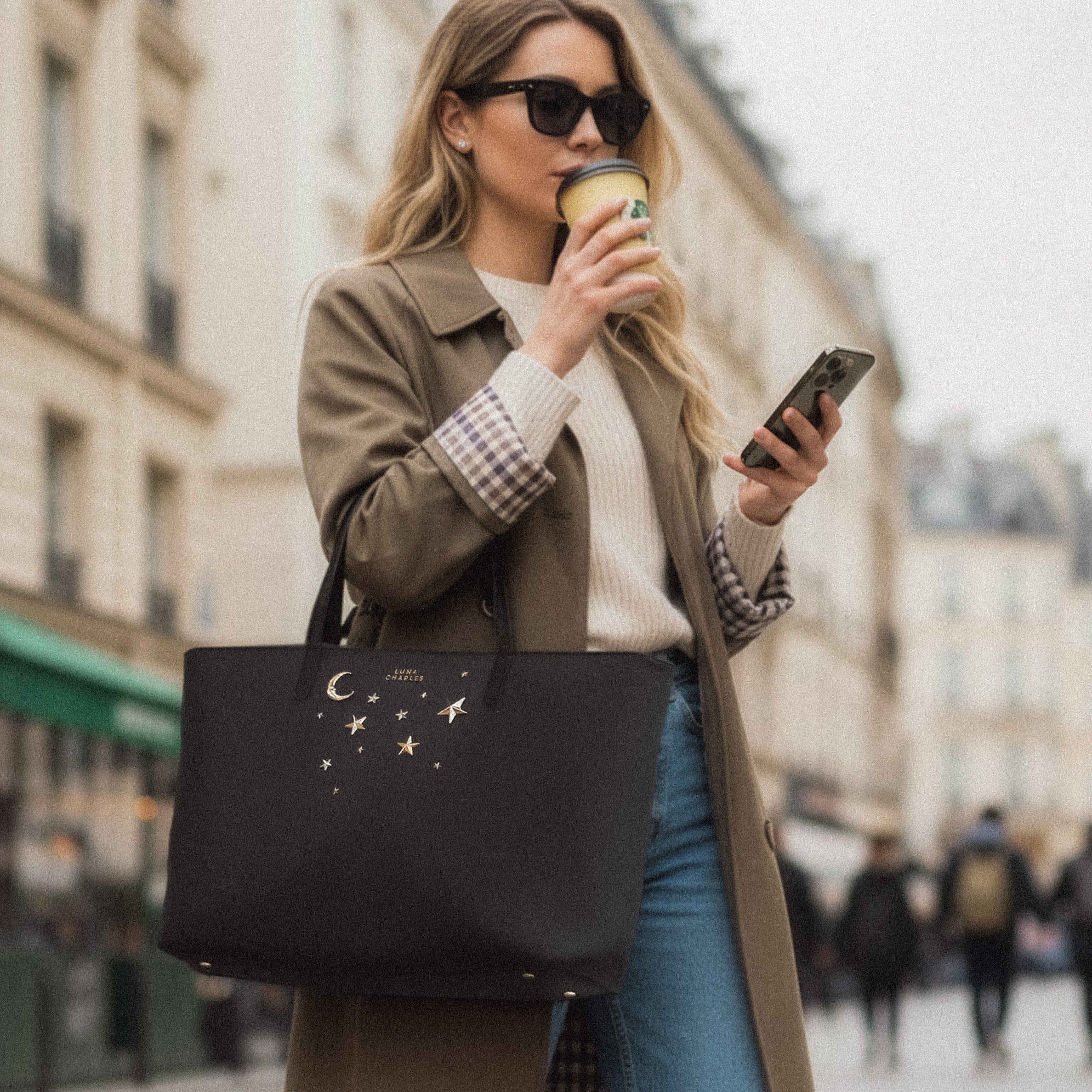 Anya Star Studded Tote Bag - Black &amp; Gold