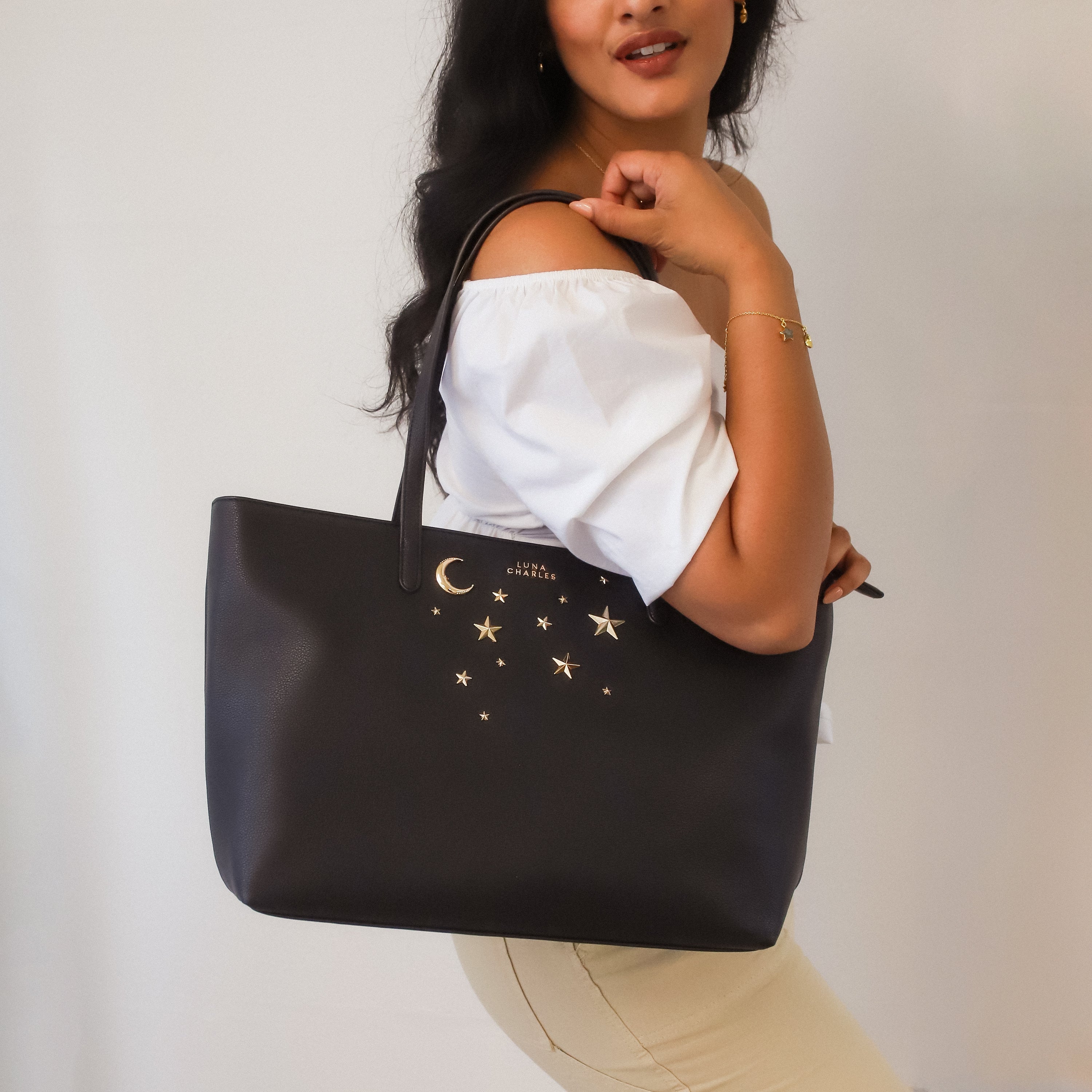 Anya Star Studded Tote Bag - Black &amp; Gold