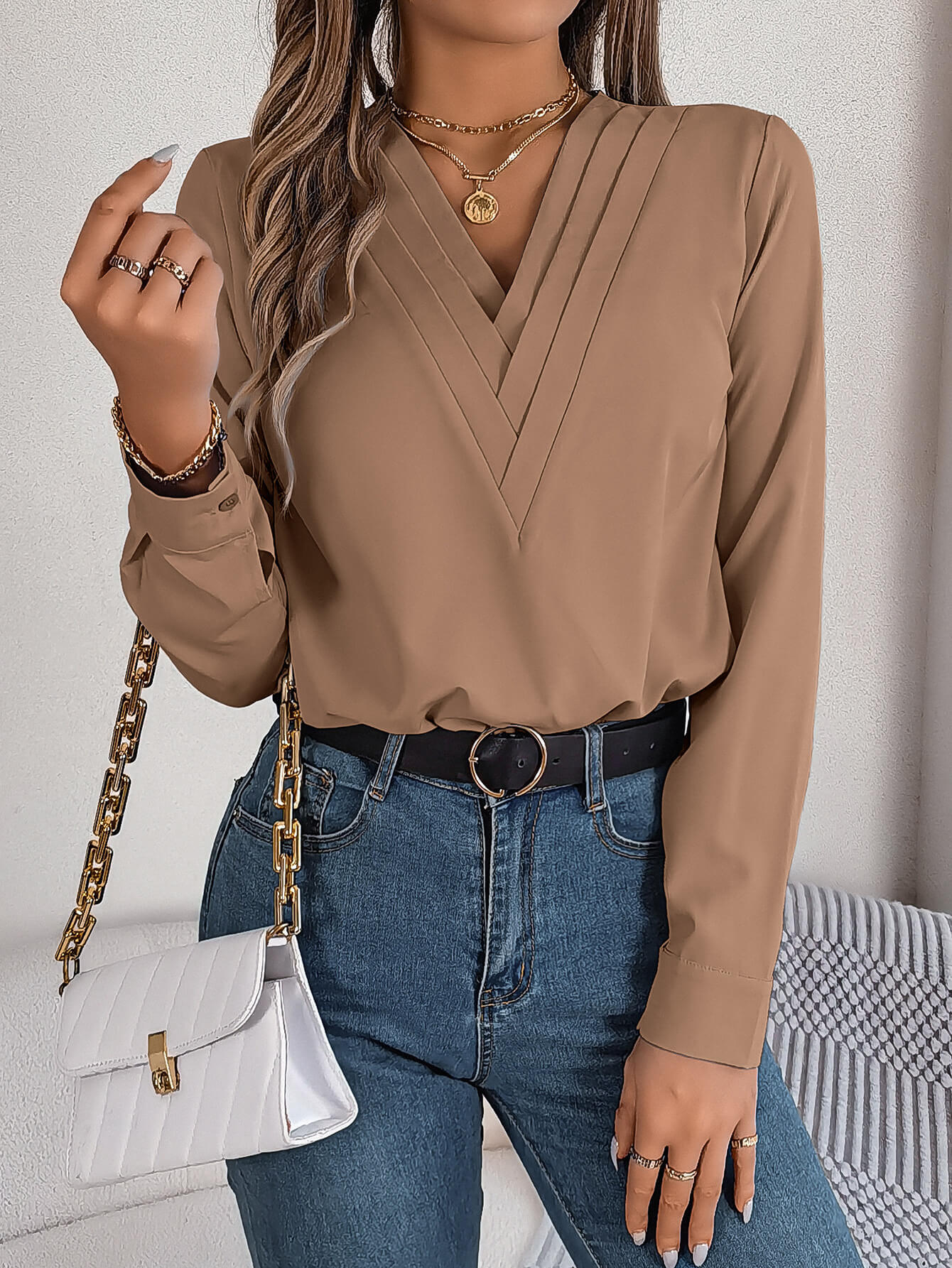 Casual V Neck Blouse Long Sleeve Women Fashion | Elegant Blouse Women