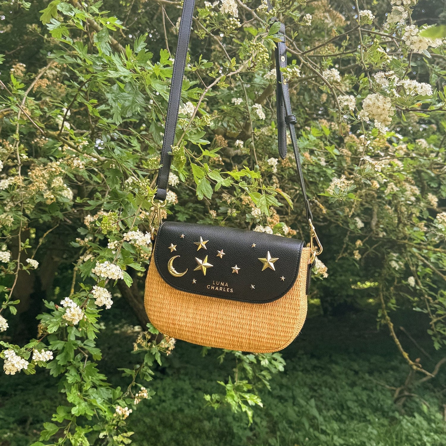 Elena Star Studded Rattan Handbag - Black &amp; Gold - Tucan Trading