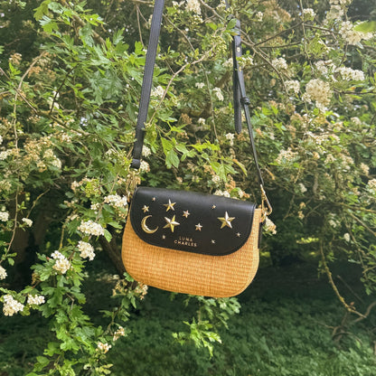 Elena Star Studded Rattan Handbag - Black &amp; Gold - Tucan Trading