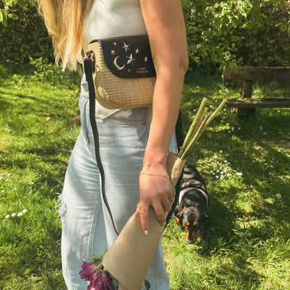 Elena Star Studded Rattan Handbag - Black &amp; Gold - Tucan Trading