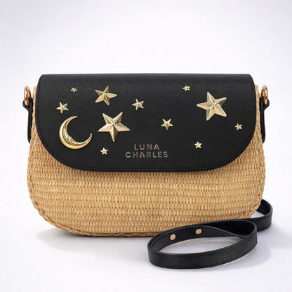 Elena Star Studded Rattan Handbag - Black &amp; Gold - Tucan Trading