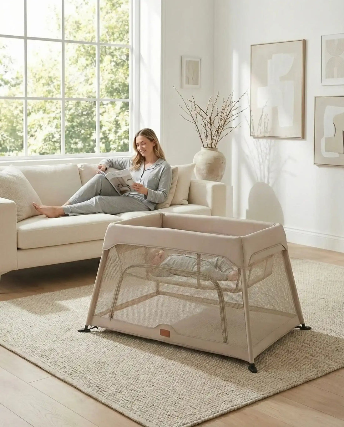 Airpod 3 Travel Cot Includes Newborn Bassinet Insert - Beige - Tucan Trading