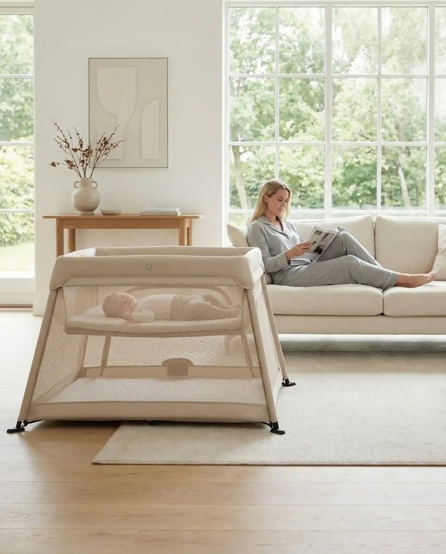 Airpod 3 Travel Cot Includes Newborn Bassinet Insert - Beige - Tucan Trading