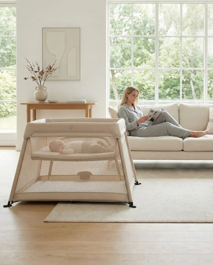 Airpod 3 Travel Cot Includes Newborn Bassinet Insert - Beige - Tucan Trading