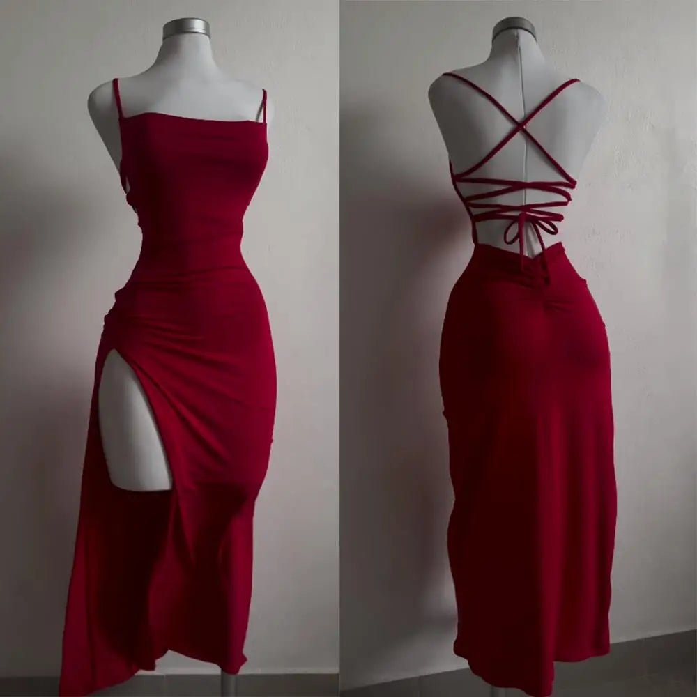 Red Lace - Up Back High Split Maxi Dress – Bodycon Summer Evening Dress - Tucan Trading