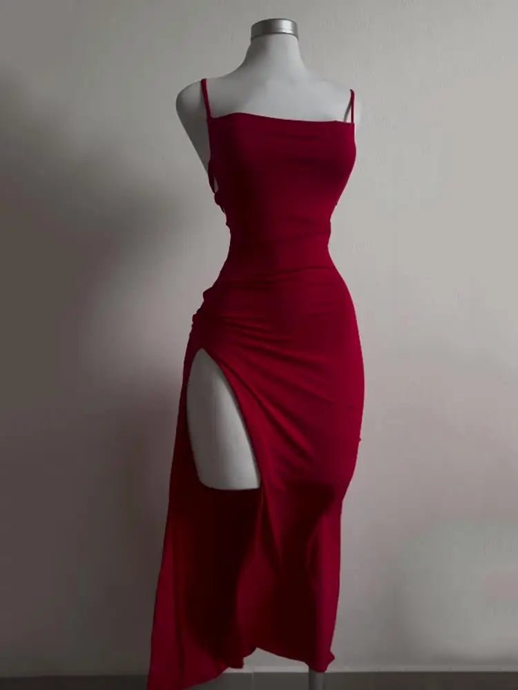 Red Lace - Up Back High Split Maxi Dress – Bodycon Summer Evening Dress - Tucan Trading