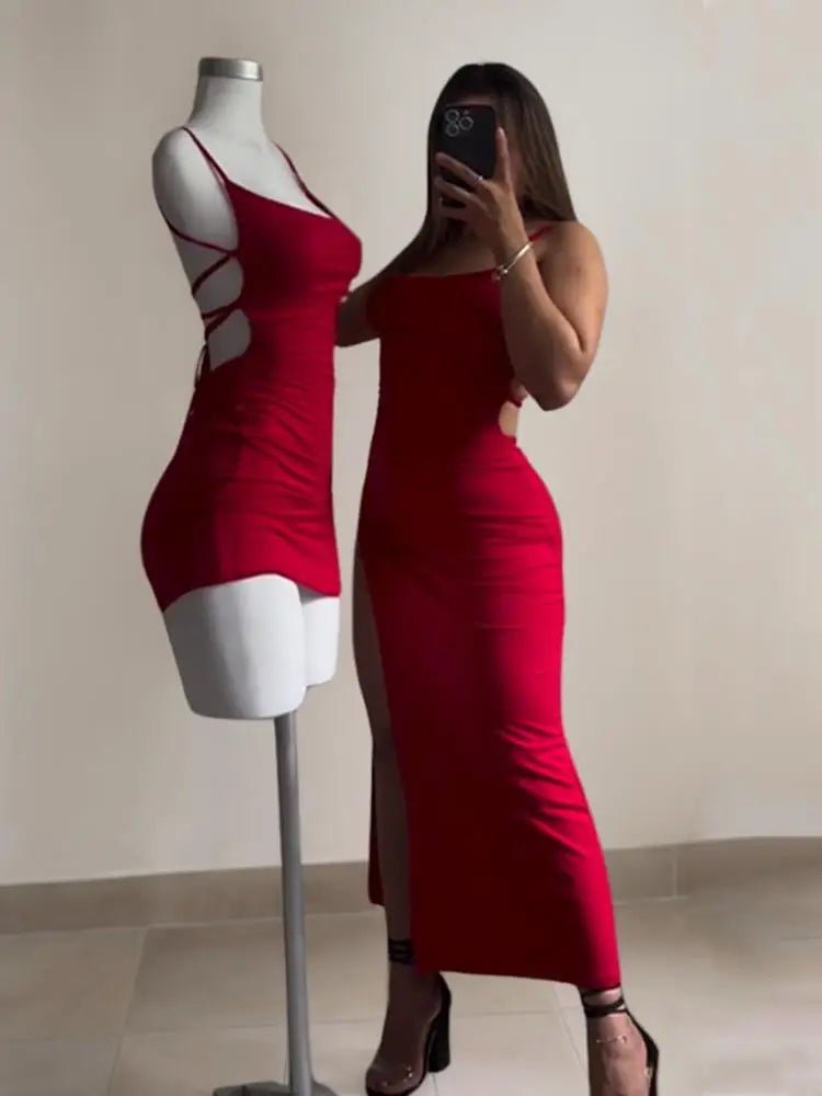 Red Lace - Up Back High Split Maxi Dress – Bodycon Summer Evening Dress - Tucan Trading