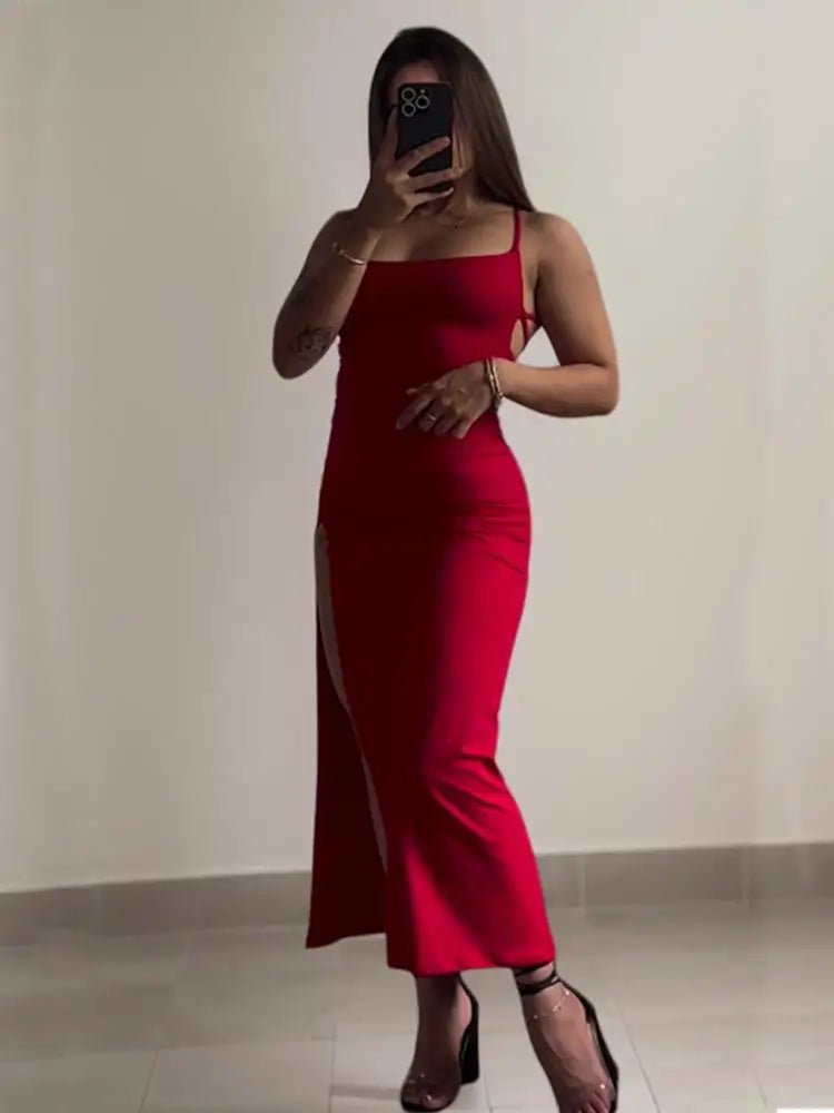 Red Lace - Up Back High Split Maxi Dress – Bodycon Summer Evening Dress - Tucan Trading