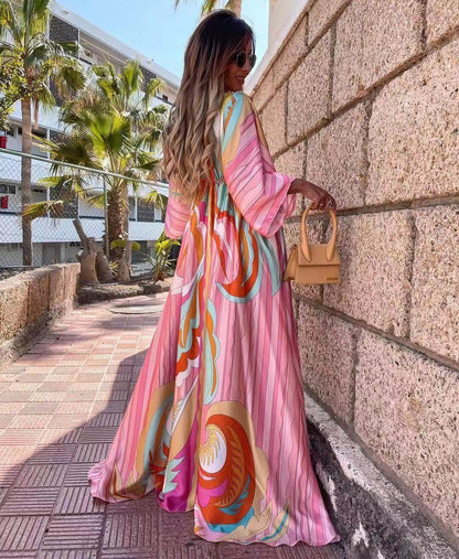 Women’s V - Neck Short Sleeve Printed Maxi Dress | Long Floral Dress - Tucan Trading