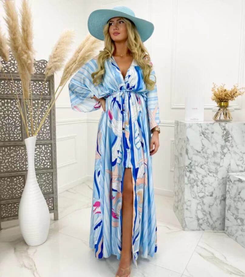 Women’s V - Neck Short Sleeve Printed Maxi Dress | Long Floral Dress - Tucan Trading