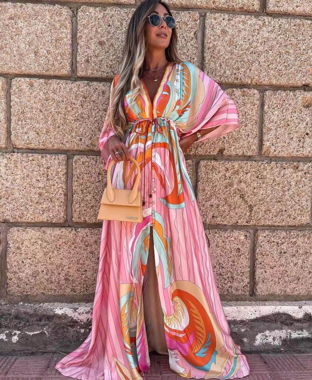 Women’s V - Neck Short Sleeve Printed Maxi Dress | Long Floral Dress - Tucan Trading