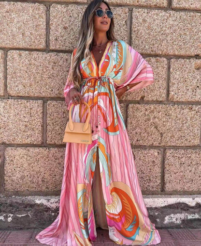 Women’s V - Neck Short Sleeve Printed Maxi Dress | Long Floral Dress - Tucan Trading